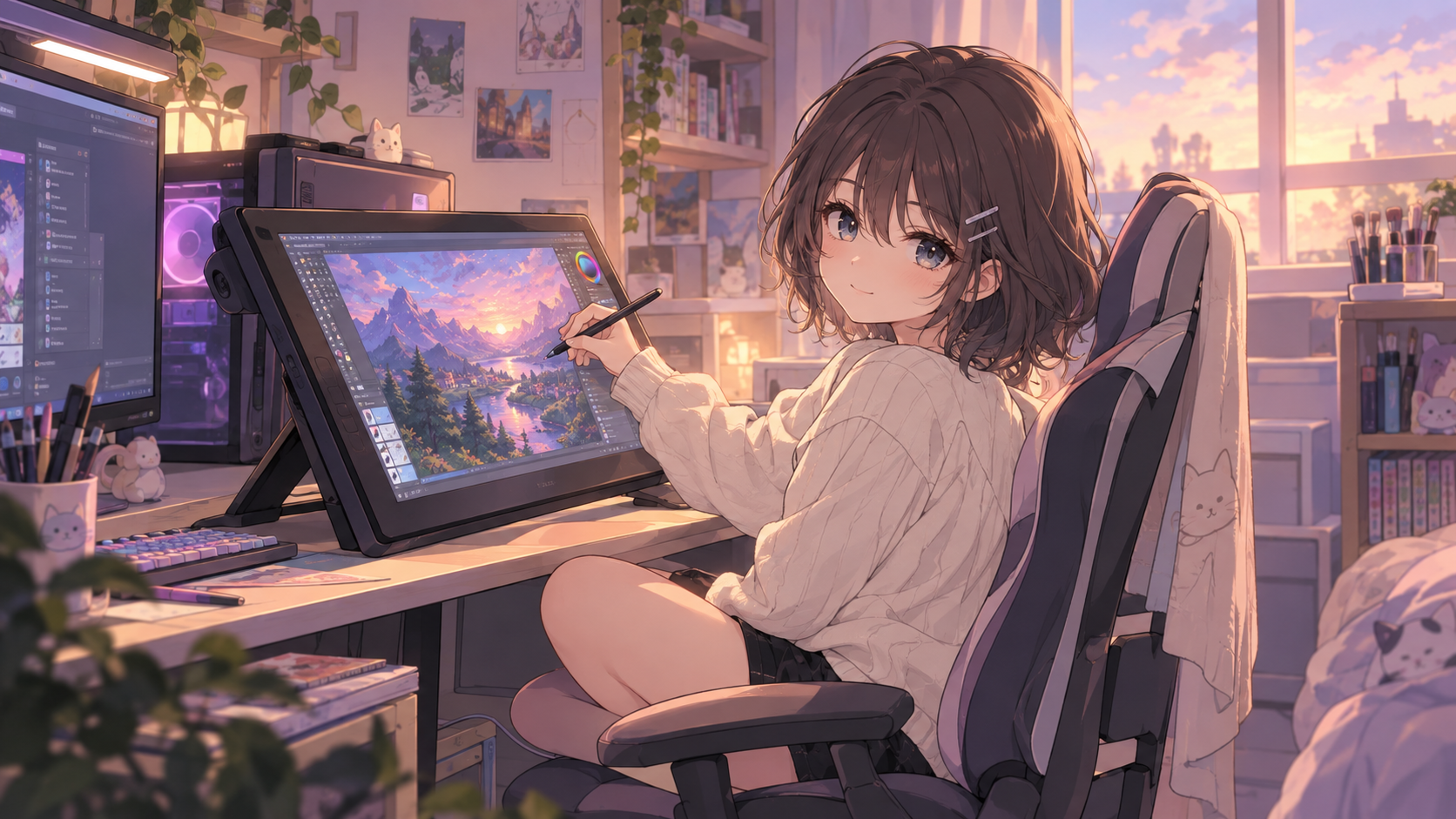 Ilustradora dibujando en una tableta digital en su escritorio, rodeada de gatos y plantas al atardecer